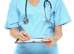 nurse with stethoscope and clipboard