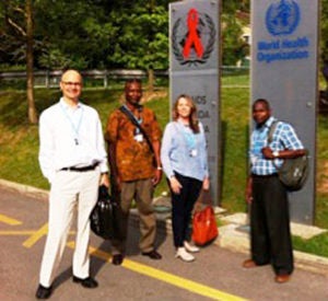 Dr. Houpt with (l-r) Esto Mduma (PI for Haydom, Tanzania site); Jean Gratz (UVA Houpt lab manager); Thomas Walongo (Haydom lab technician), at World Health Organization in Geneva, Switzerland.