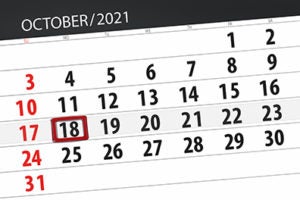 Calendar planner for the month october 2021, deadline day, 18, monday.