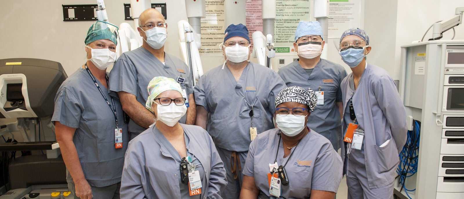 General Surgery Team: (back, l-r): Deb Moody, RN; Carlos Tache-Leon, MD; Jeff Young, MD; Zequan Yang, MD; Sara Sharpe, RN; (sitting) Tanya Pultz, RN; Kay Browne-Hinds, RN. Not pictured: Peter Hallowell, MD