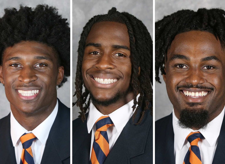 UVA football players, from left to right, Lavel Davis Jr., Devin Chandler and D’Sean Perry were killed tragically on Sunday evening. (UVA Athletics photos)