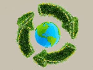 Digital generated image of a green planet surrounded by Recycling symbol wrapped with green grass flowers on light background futuristic ecology. Sustainability Recycling of green earth concept.