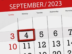 Calendar 2023, deadline, day, month, page, organizer, date, September, monday, number 4.