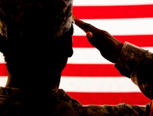 A military veteran salutes her American flag.  The patriotic veteran wears a military uniform, and she faces the flag with honor and respect.  The silhouette of the solider is shown against a red, white and blue flag background.  There is a flag patch on the sleeve of the woman's military uniform.