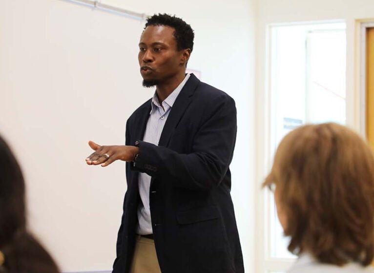 Jones visits with high schoolers interested in healthcare careers as part of the Starr Hill Pathways program visit to the School of Nursing in 2024.