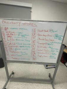 A whiteboard in the Incident Command Center listed priority areas across UVA Health’s University Medical Center.