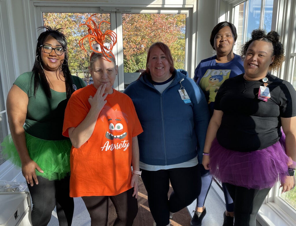 Inside Out Emotions with Riley: (l-r) Janelle Washington; Suzi Dowell; Heather Holland, LCSW; Lisa Hopkins; and Anaya Johnson. (UVA Orange Pediatrics)