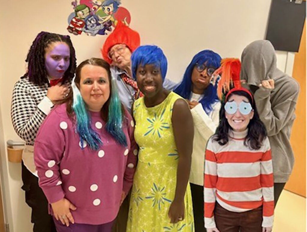 UVA Teen and Young Adult Health Center: Inside Out characters | “We figured dressing up as emotions is a perfect theme for teens!” —  Dr. Serwa Ertl  (Joy); Monica Hehir, DNP, (Anxiety); April Kimble, RN (Envy); Crystal Shifflett, CMA, (Fear); Mary Sullivan, MEd, (Anger); Ariel Hill-Thomas, RN, (Sadness); and Shelby Watson, Scribe (Embarrassment).