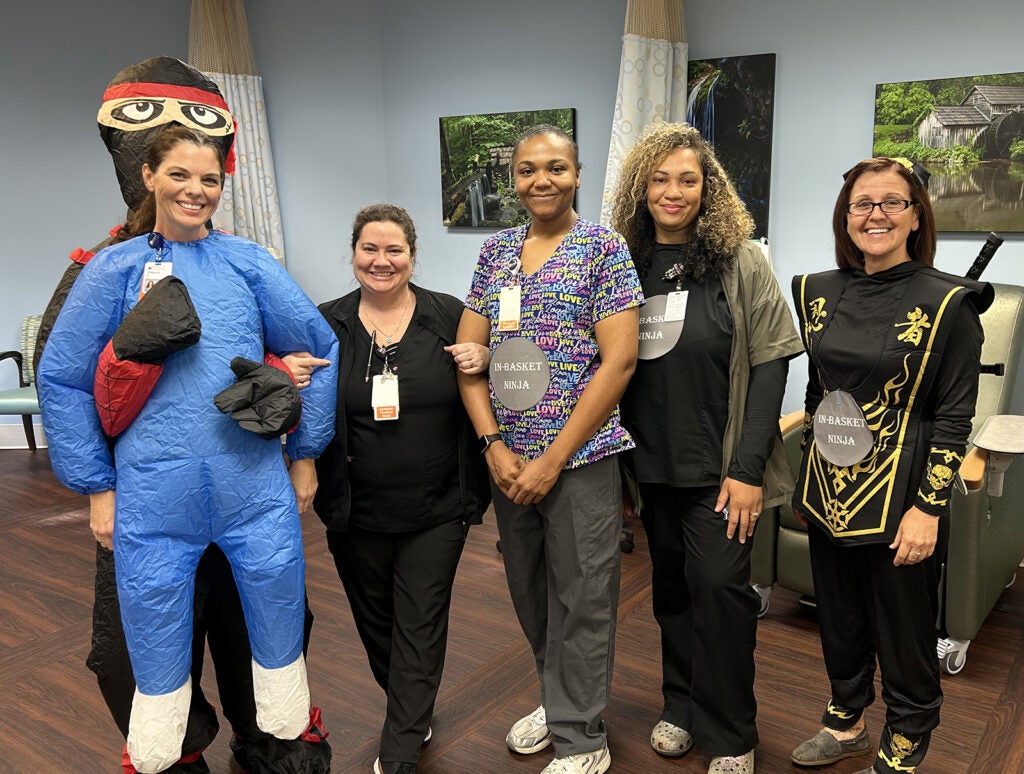 Pantops Rheumatology team | "In Basket Ninjas”  (l-r): Rebecca Franklin, RN; Becky Hyatt, LPN; Kierra Washington, CMA; Ciearia Alexander, CMA; and Allison Crawford, RN.