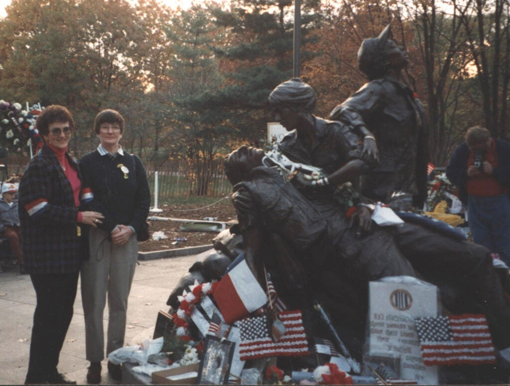 Dianne Gagliano (left) and fellow U.S. Air Force flight nurse veteran Carol Morton at the 1993 dedication. Dianne M. Gagliano Collection, ECBCNHI.