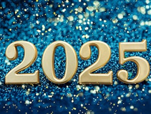 2025 New Year Celebration - Golden Numbers On Glitter blue background. happy new year holidays card