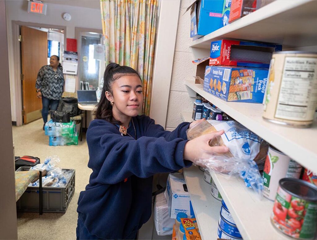 Westhaven's food pantry stocks diapers, non-perishable food items, and hygiene supplies.