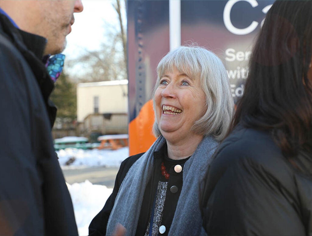 Former preceptors like Bill Lombardi (left), who chatted with Dean Baernholdt at a recent event, are key to spreading word of the School's need for more mentors.