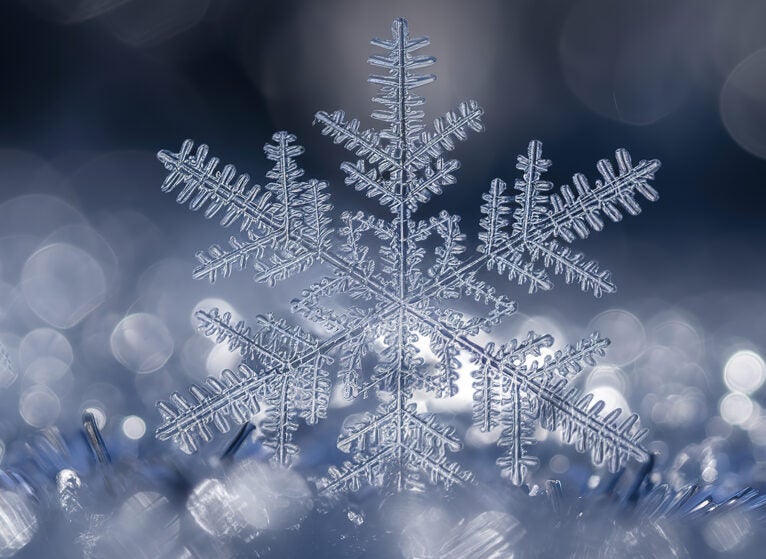 A close-up view of a snowflake, intricately detailed with sharp, crystalline structures and radiant patterns