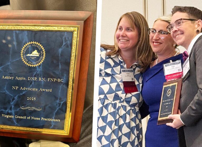 Family nurse practitioner Apple (at right in bowtie) was honored with the Virginia Council of Nurse Practitioners' 'NP Advocate' award at a ceremony in late March.