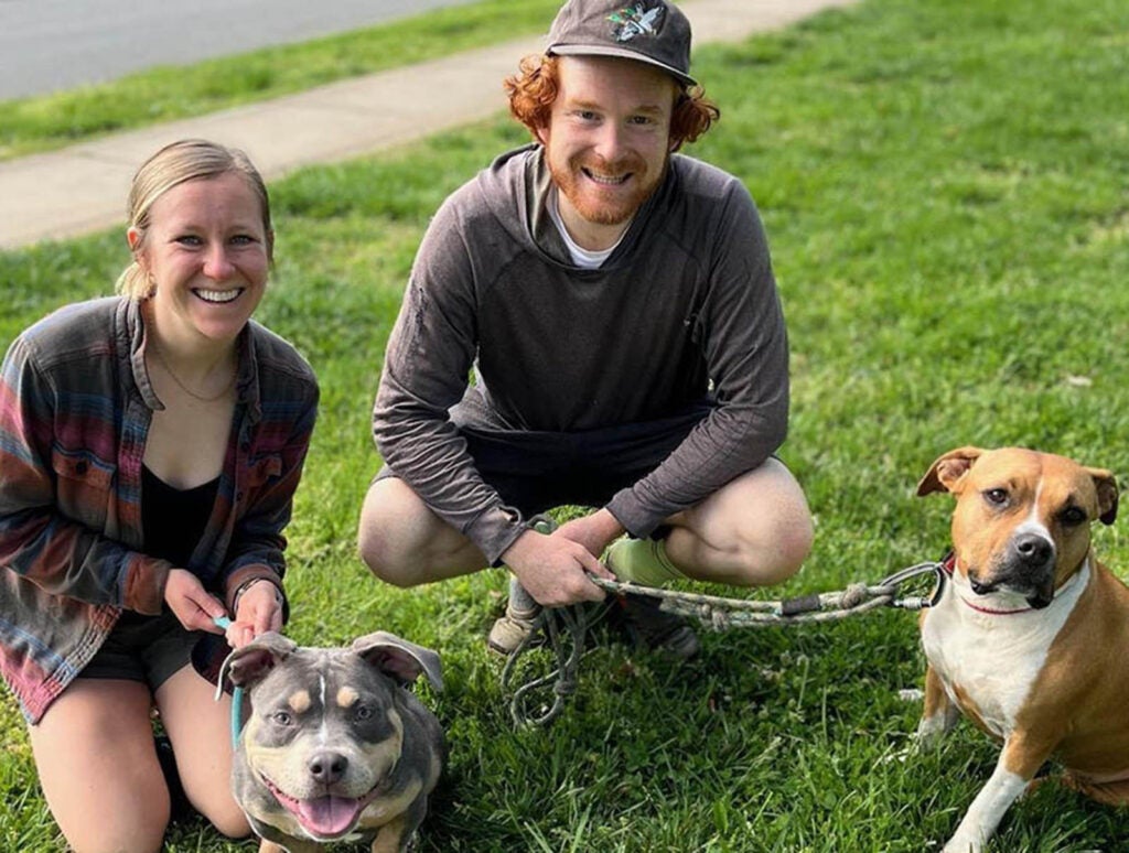 Linsey and husband Andrew along with dogs Huck (left) and Maisie.