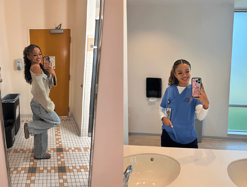 Bui on her tour of UVA School of Nursing, and on her first day of lab as a UVA nursing student.