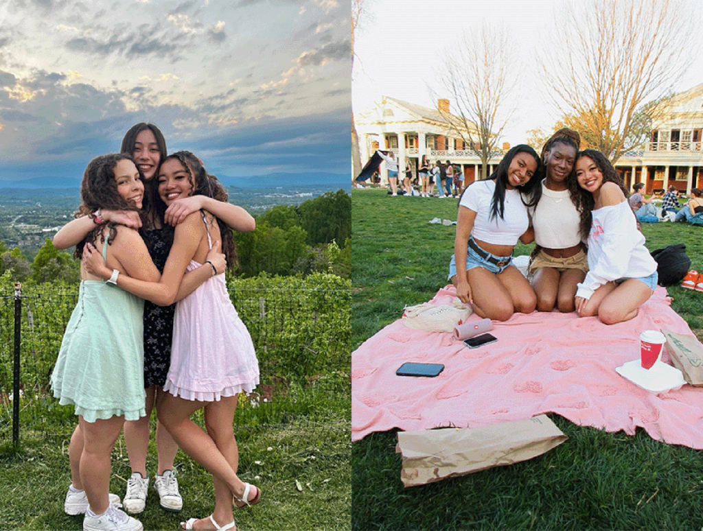 Summer with her friends at Carter Mountain orchard in Charlottesville, and having a picnic on the UVA Lawn.
