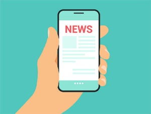 Flat design illustration of man hand holding mobile phone with online newsletter on screen - vector