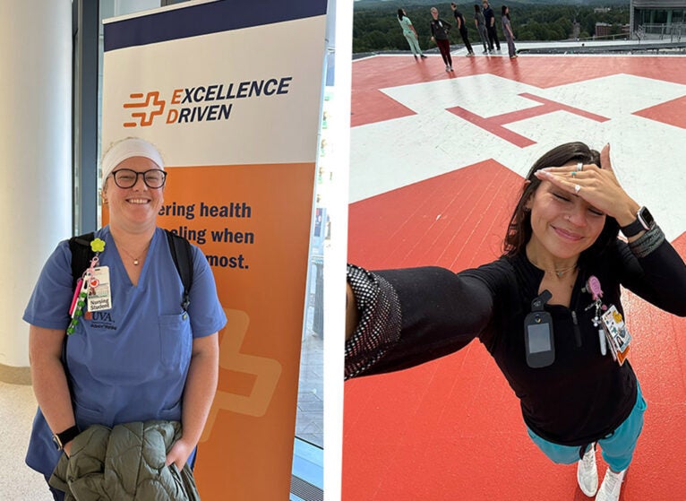 Carmody (left) on her first day of clinical rotations. Harris (right) atop the roof and landing pad for UVA Health's Pegasus helicopter.