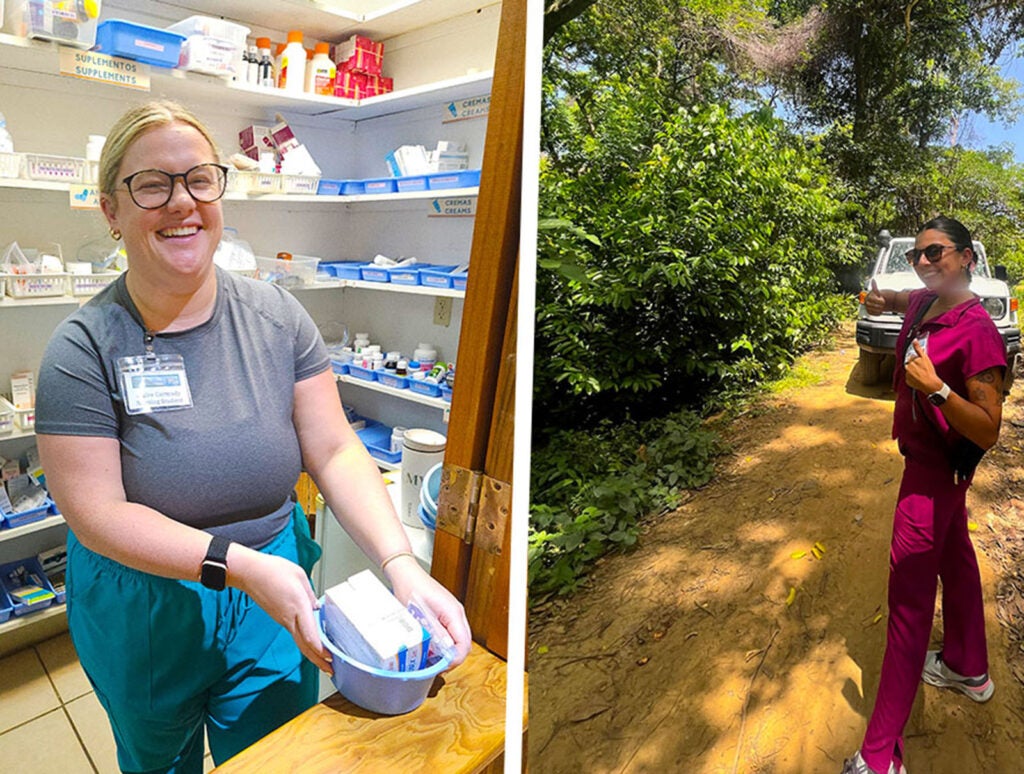 Carmody (left) gathers medication at Clinical Esperanza, in Roatan, Honduras. Harris (right) heads out on foot to do home visits in the neighborhoods surrounding the clinic.