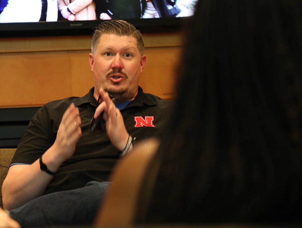 Blake Smith, president of an AAMN chapter in Nebraska, visited the School of Nursing in spring 2025 to talk about his journey into nursing and his work at the state and national levels.