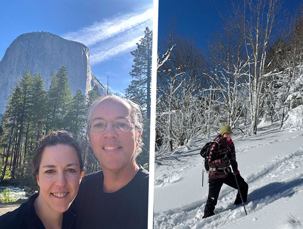 Keim-Malpass with her partner, James Stone, in Yosemite, and hiking in the snow.