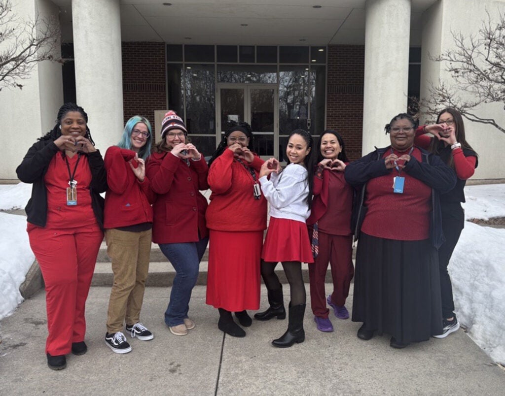 UVA Health Specialty Pharmacy Call Center: (l-r) Veronica Jackson, Lindsay Strittmatter, Amanda Stallworth, Charlena Thompson, Carolyn Casia, Clarrissa Fryer, Maria Thompson, and Amber Monopoli