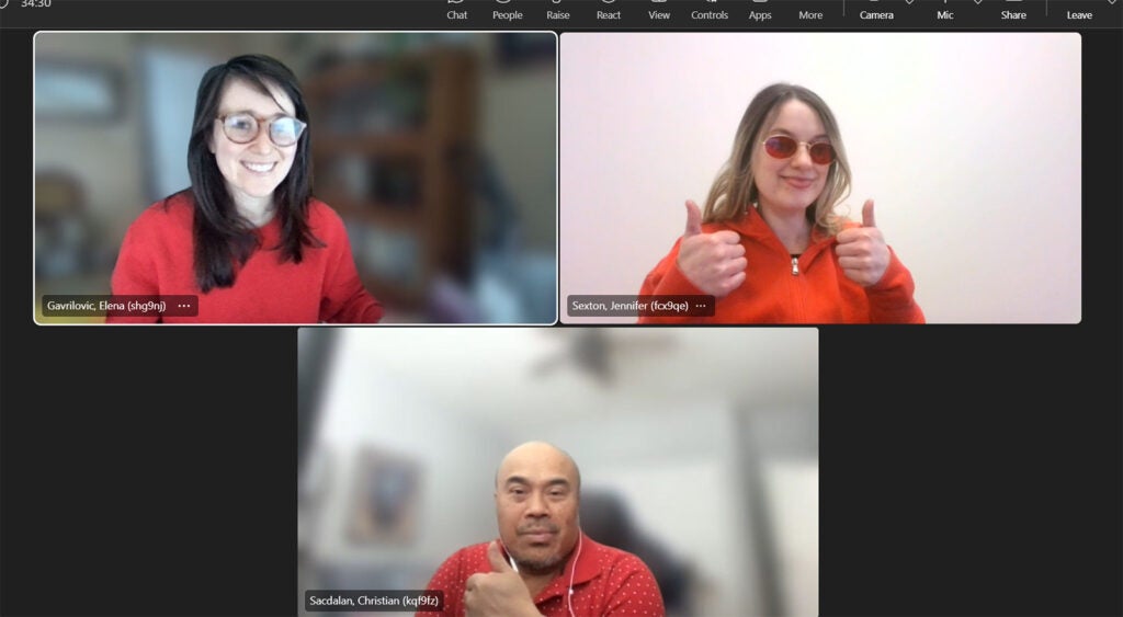 (l-r, clockwise_: Elena Gavrilovic (UVA Health Development Neurology), Jen Sexton (UVA Health Development Cancer Team), Christian Sacdlana (UVA Health Development, Community Health Foundation)