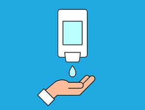 Automatic wall hanging liquid soap bottle. Washing and disinfecting hands. Antivirus and antibacterial protection. Vector illustration