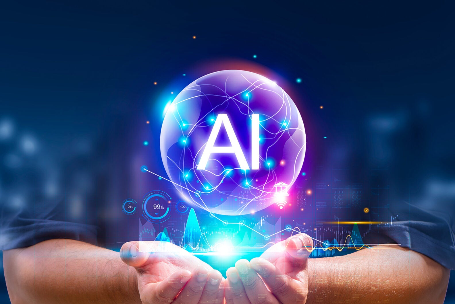 Internet technology and people's networks use AI to help with work, AI Learning or artificial intelligence in business and modern technology, AI technology in everyday life.