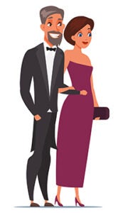 Man and woman wearing luxury outfits characters. Wife and husband at theater. Couple having date at opera, operetta. People at VIP event flat vector illustration. Celebrities at cinema premiere