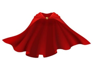 Magician cover, flying cape superhero cloth. Magic hero flowing rescue covering of wizard, front view. Vector scarlet fabric silk cloak, mantle costume. Illustration of carnival vampire satin clothes