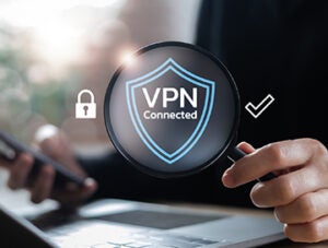 Close-up of VPN connected shield icon with lock and check mark, symbolizing private secure network access on mobile device, data protection, and online privacy.