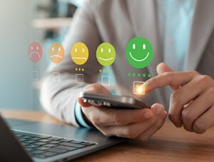 Customer Satisfaction Survey Concept, Users Rate Service Experiences On Online Application, Customers Can Evaluate Quality Of Service Leading To Business Reputation Rating.