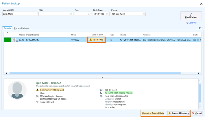 Epic Mismatch Highlighted in Patient Lookup