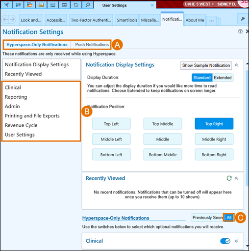 Epic User Settings Hyperspace-only and push notification tabs