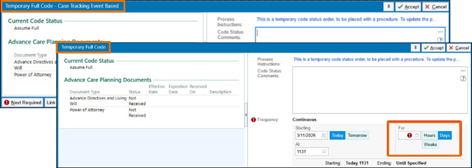 Unique temporary full code status for set duration or procedure event