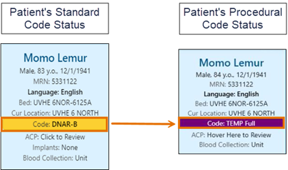 Identify code status TEMP Full in storyboard