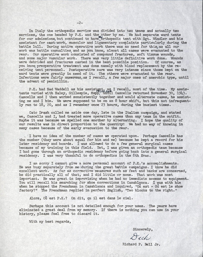Letter from Richard P. Bell to Byrd S. Leavell concerning Bell’s recollections of orthopedic service in the 8th Evacuation Hospital (1968)