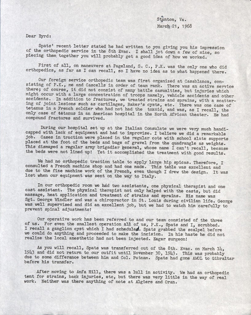 Letter from Richard P. Bell to Byrd S. Leavell concerning Bell’s recollections of orthopedic service in the 8th Evacuation Hospital (1968)