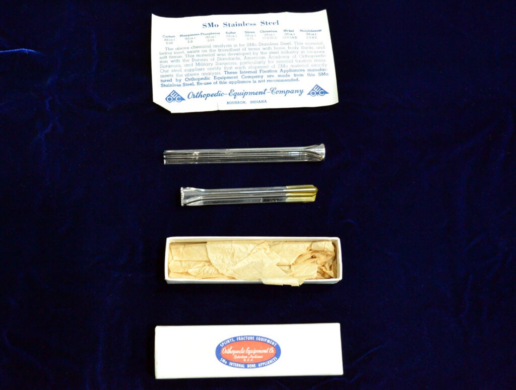 Orthopedic implant in box (mid-20th century)
